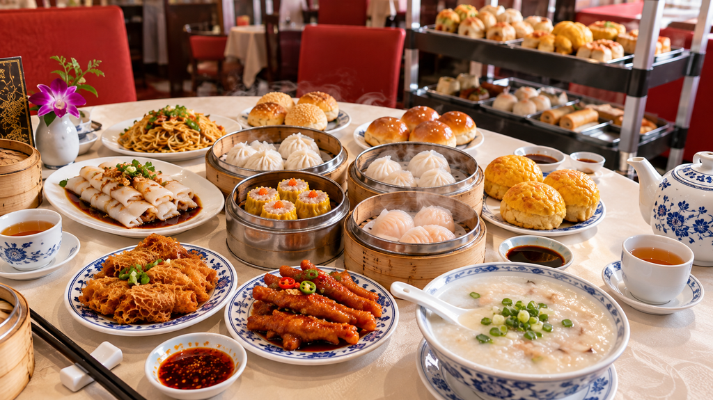 Cantonese dim sum with har gow, siu mai, steamed buns, rice noodle rolls and traditional shared dishes

