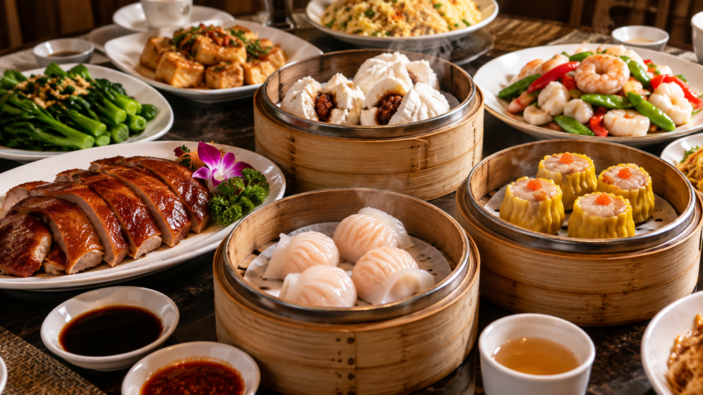 Authentic Chinese food featuring Cantonese dim sum, roast duck, steamed buns and seafood dishes