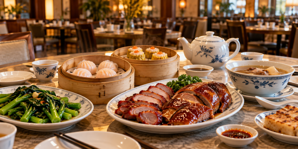 Cantonese dim sum dishes and tea arranged for a shared restaurant meal.
