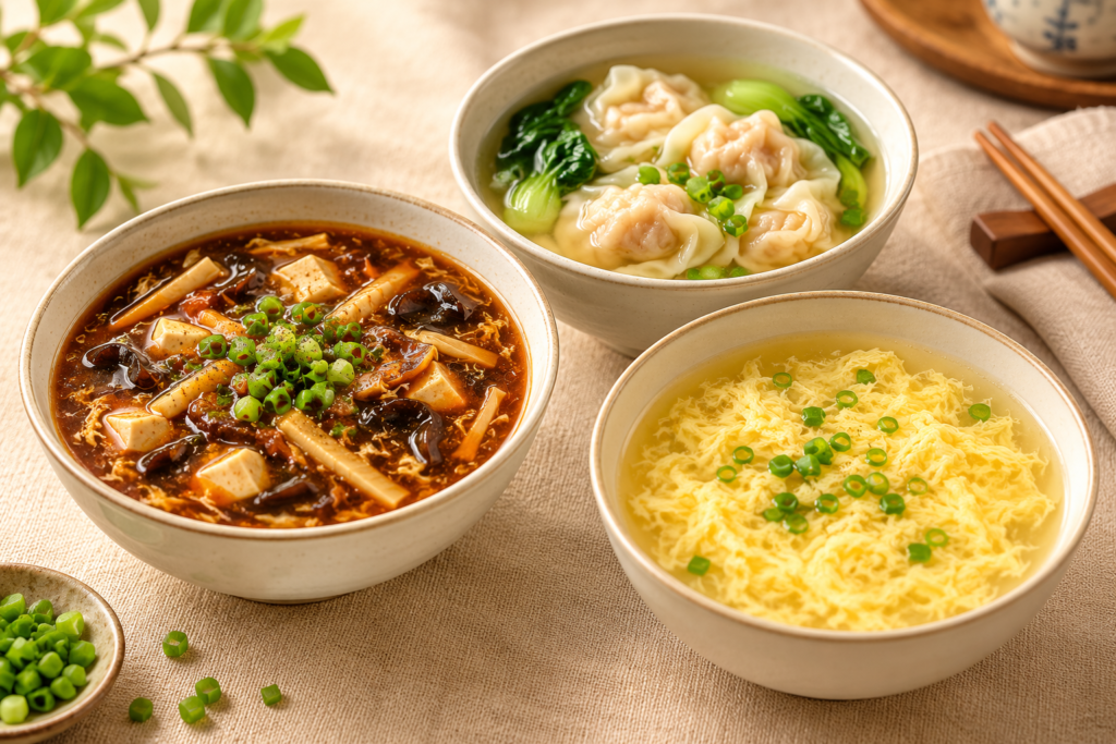 Bowls of hot and sour soup, wonton soup, and egg flower soup served with a Chinese meal. 

