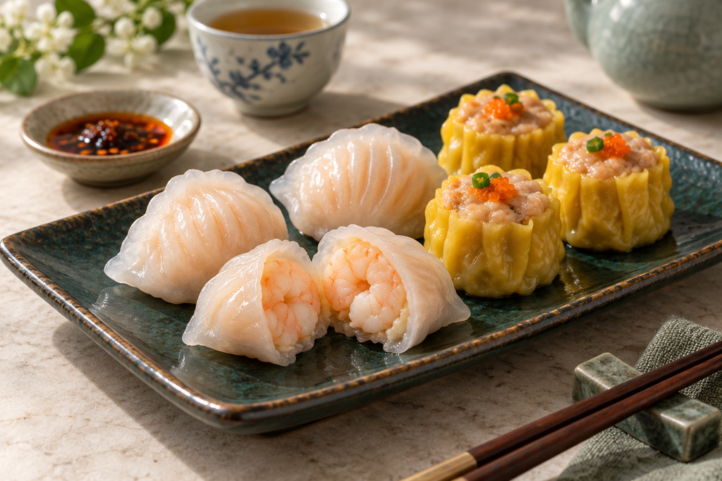 Steamed dumplings, including har gow and shumai, served with tea and dipping sauce.
